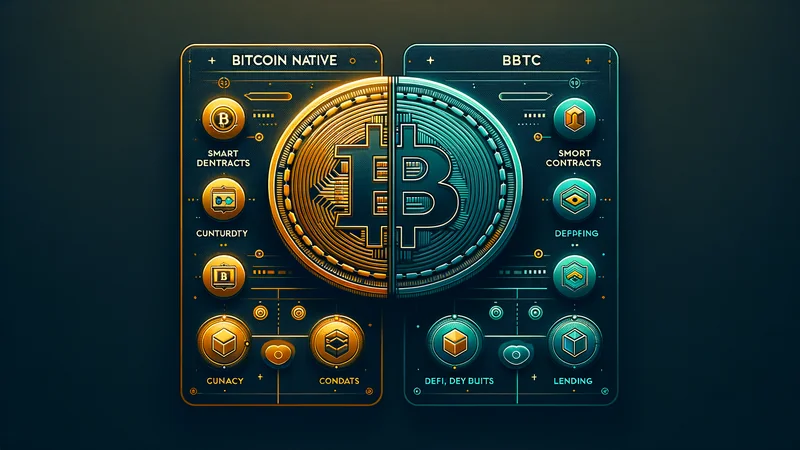 Ilustración de comparación de BTC nativo y Wrapped Bitcoin con píldoras de características debajo de cada tarjeta