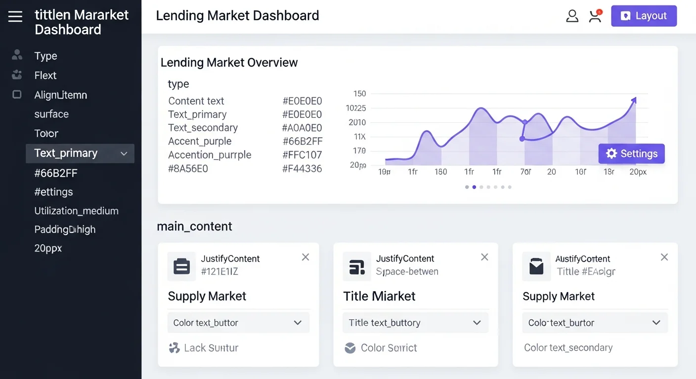 Dashboard-Mockup des Verleihmarktes mit Angebots- und Kreditnehmerzinsen für wichtige Vermögenswerte und Nutzungsspalten